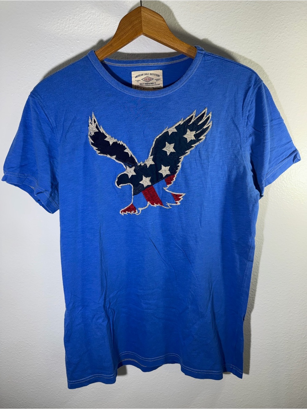 Y2K American Eagle Outfitters Blue Eagle Graphic Tee with Red & White Accents